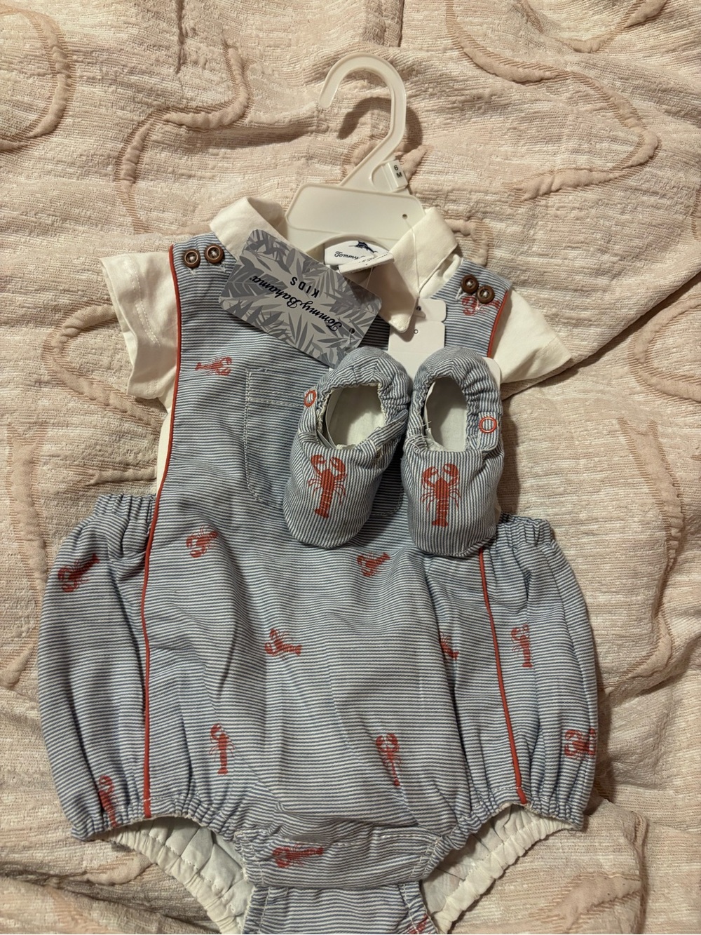 NWT Tommy Bahama Baby Lobster Bubble Romper Set w/ Matching Booties Blue White 3